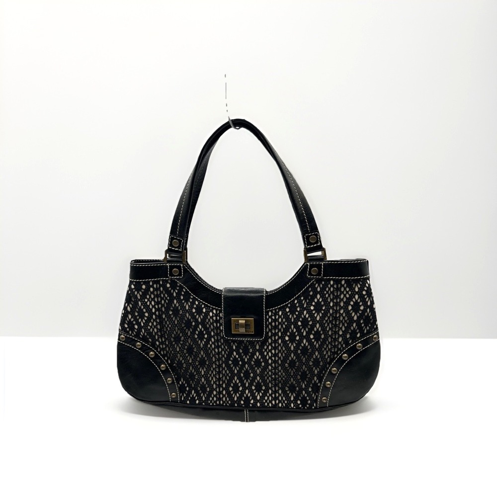 Rafe New York Black Shoulder Bag Studded Cutout Crochet Leather 90s Boho